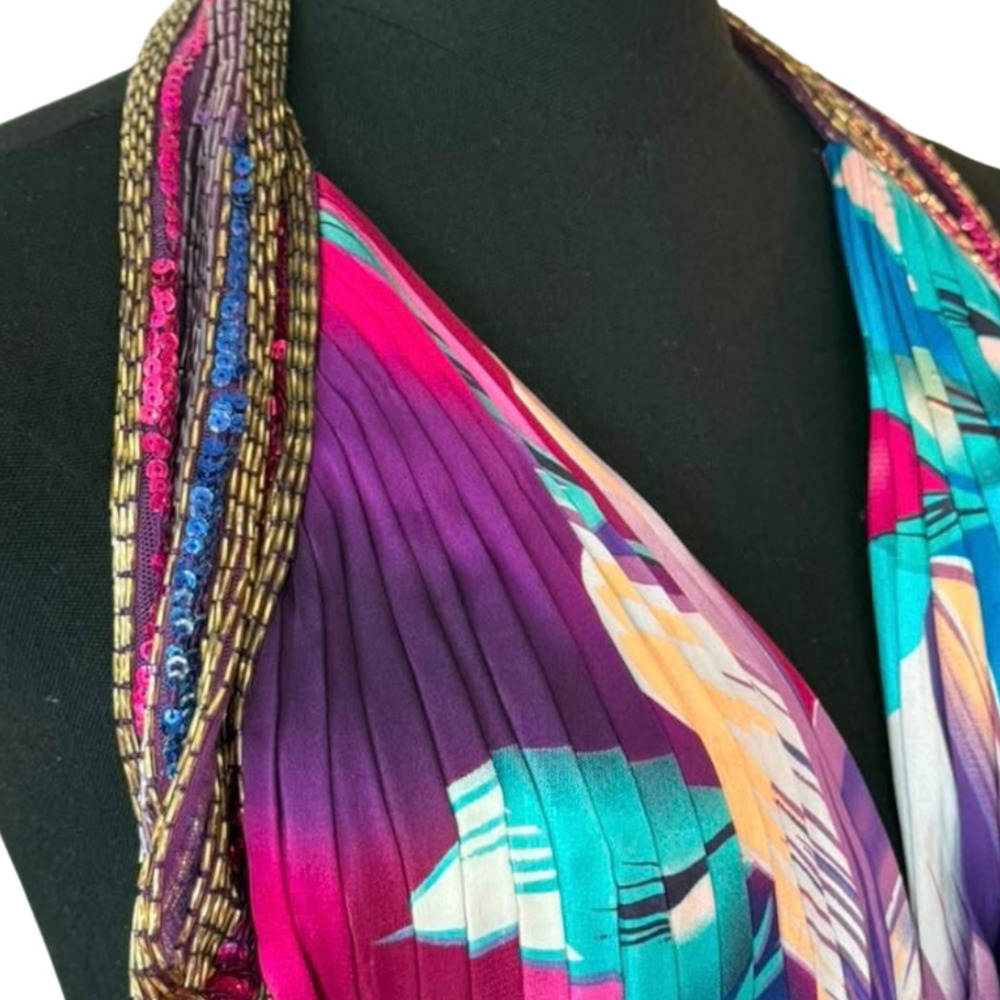 Caché Silk Halter Vibrant Watercolor Floral Beaded Mermaid Maxi Dress Size 6 NWT - Picture 7 of 13